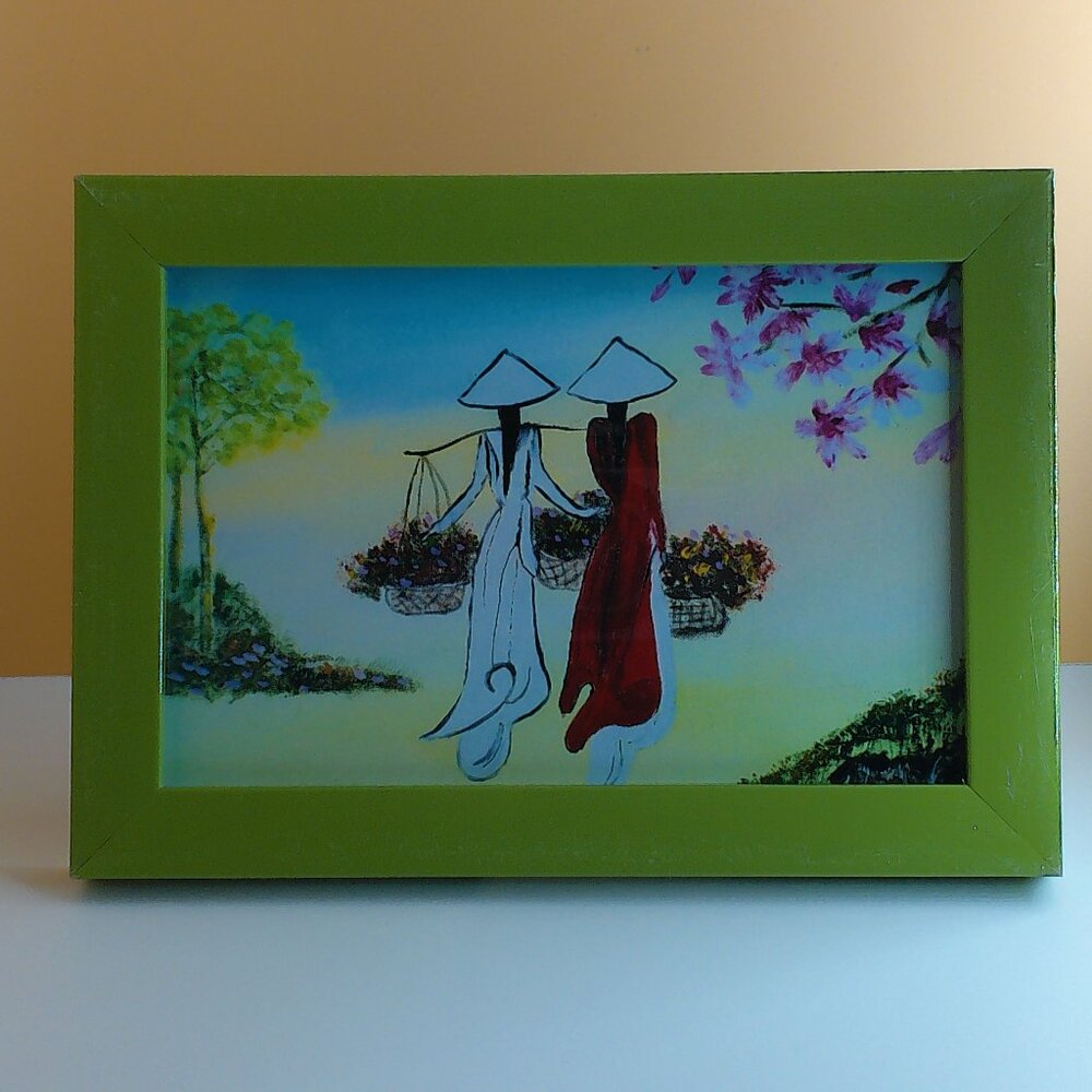 Ao Dai Girl, 4x6 Art print within a new green wood Frame